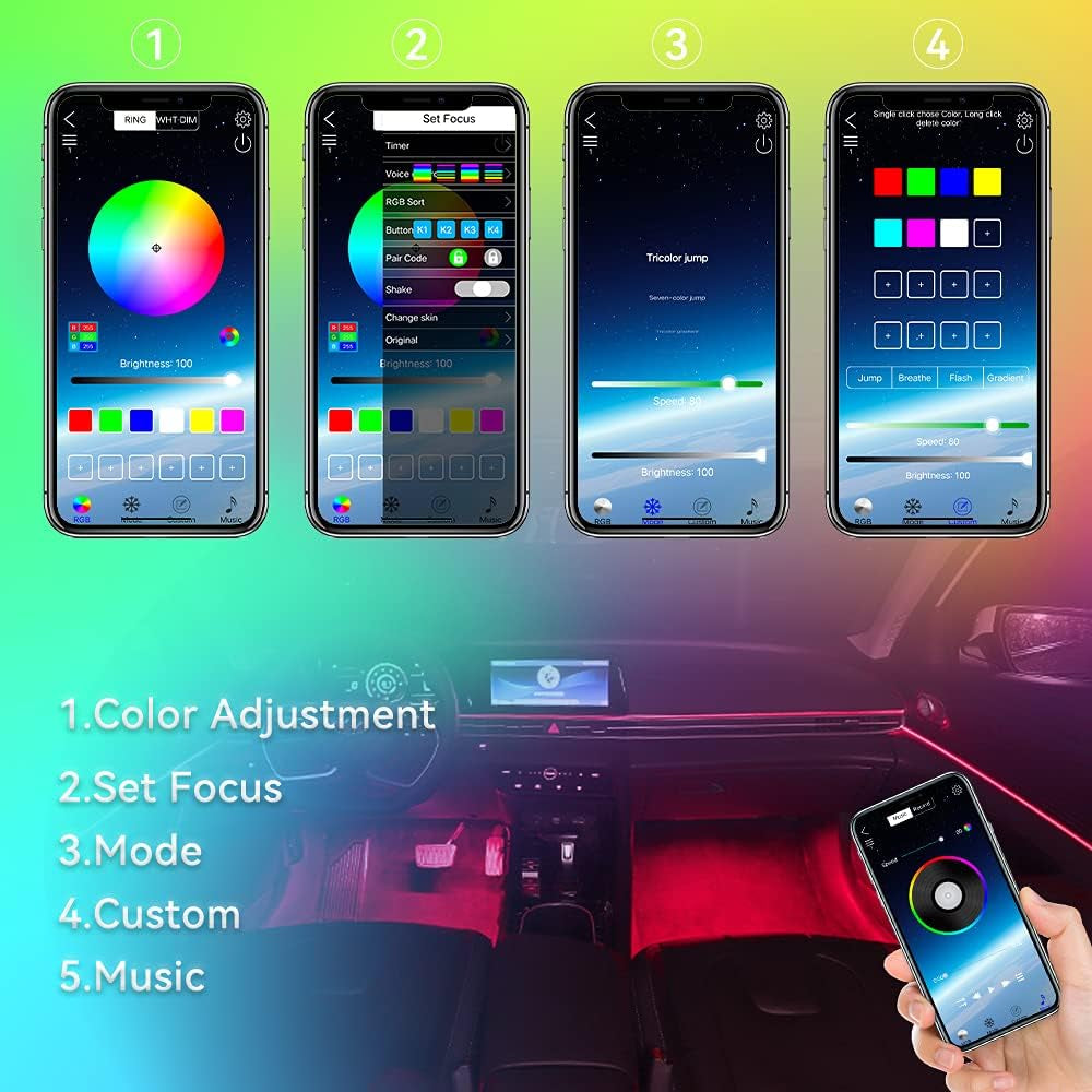 Car Underglow Lights Led Strip for Cars USB with App Control RGB Multicolor Interior Lighting 12V Atmosphere Neon under Dash Motorcycles Pack of 4