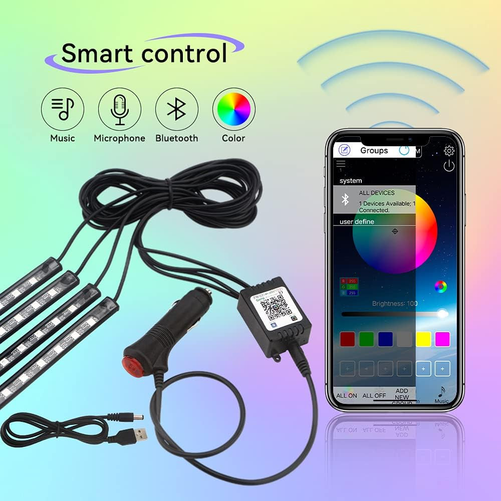 Car Underglow Lights Led Strip for Cars USB with App Control RGB Multicolor Interior Lighting 12V Atmosphere Neon under Dash Motorcycles Pack of 4