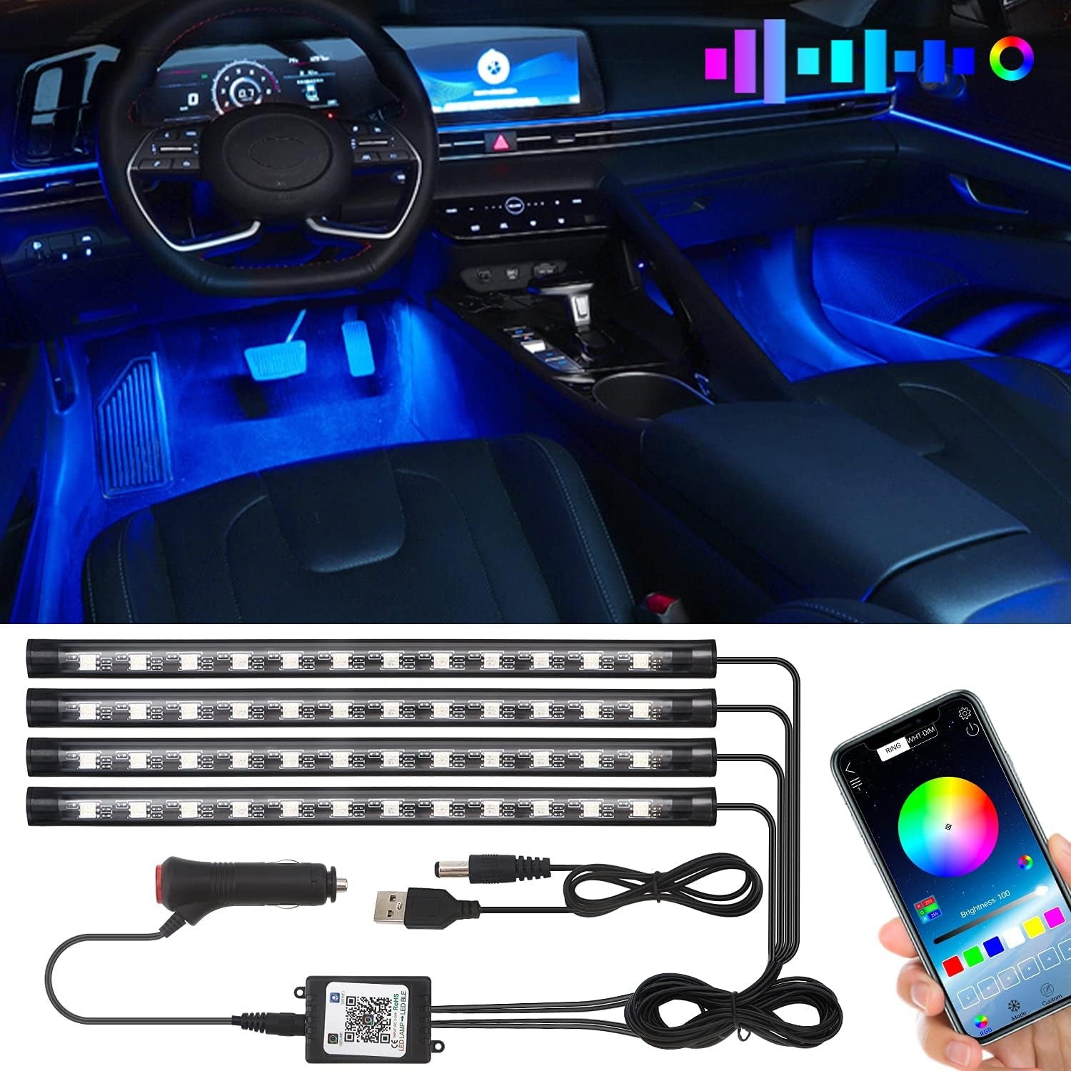 Car Underglow Lights Led Strip for Cars USB with App Control RGB Multicolor Interior Lighting 12V Atmosphere Neon under Dash Motorcycles Pack of 4